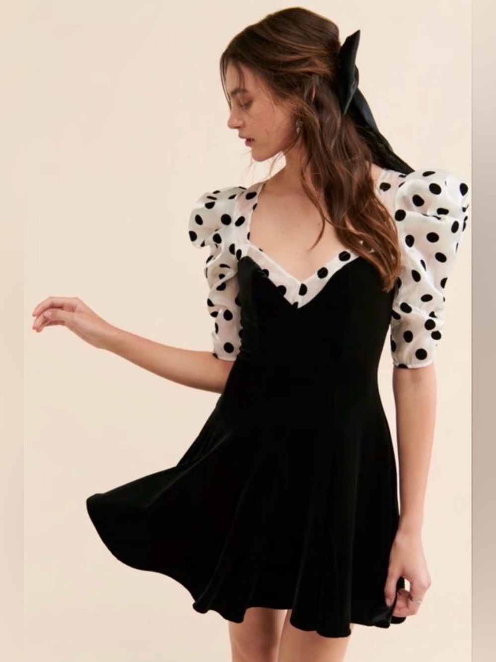 BRAND NEW - For Love & Lemons Black Mini Dress with White Polka Dot Puff Sleeves